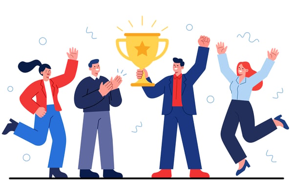 Free Office Success trophy, celebration, coworkers, clapping, joyful. Editable stroke. Vector illustration.