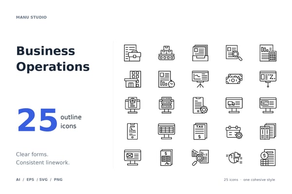 Business Operations Line Icon Set – 25 Business & Workflow Icons