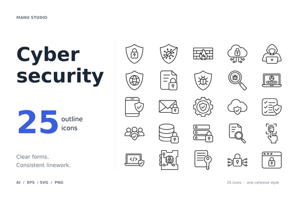 Cybersecurity Line Icon Set – 25 Security & Data Protection Icons