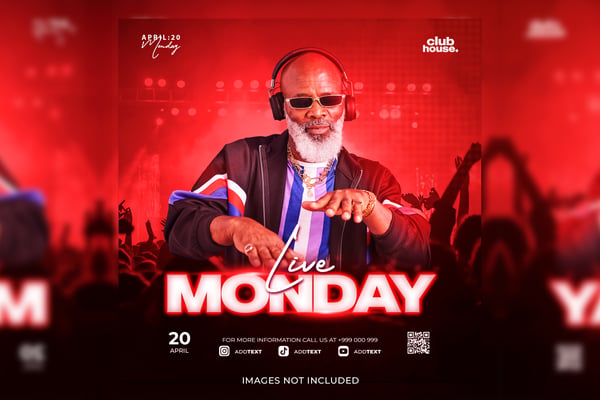 Live Monday DJ Party Social Media Banner Template with Red Lighting