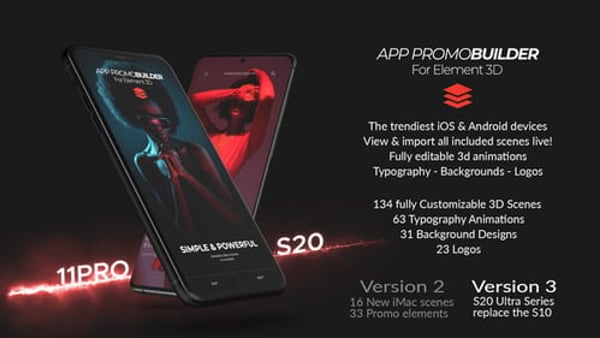 App Promo Builder – 134 Photorealistic Mobile Mockup Scenes for Element 3D
