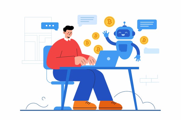 Virtual assant exchanging cryptocurrency coins during digital conversation.