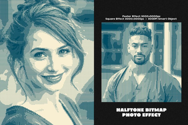 Halftone Bitmap Square And Poster Photo Effect