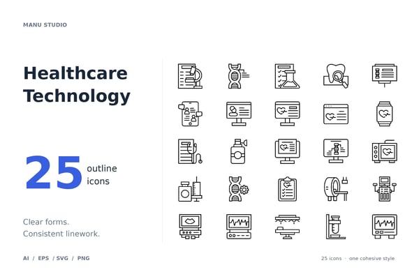Healthcare Technology Icon Set – 25 Medical Line Icons