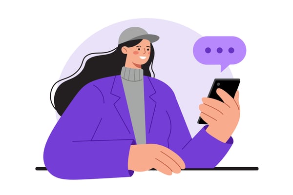 Woman while smartphone during conversation illustration.