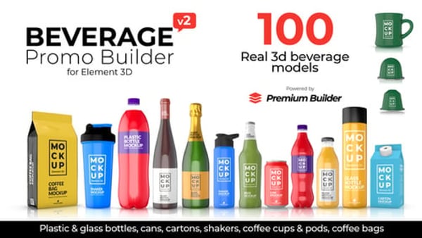Beverage Promo Builder for After Effects | 100+ Element 3D Drink Mockups