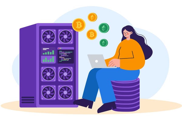Woman cryptocurrency investments near server rack digital coins floating illustration.