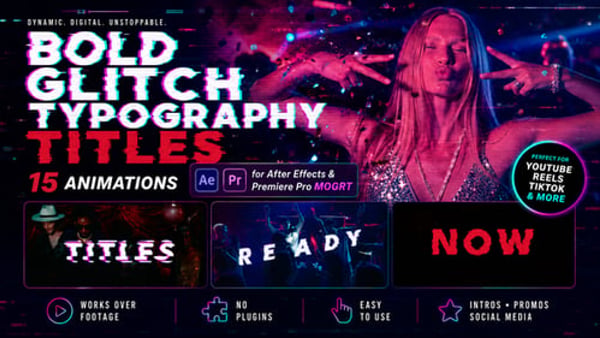 Bold Glitch Typography Titles for After Effects & Premiere Pro MOGRT – 15 Animations