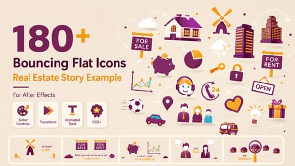 Bouncing Flat Animated Icon Pack for After Effects – 180+ Icons + Real Estate Story