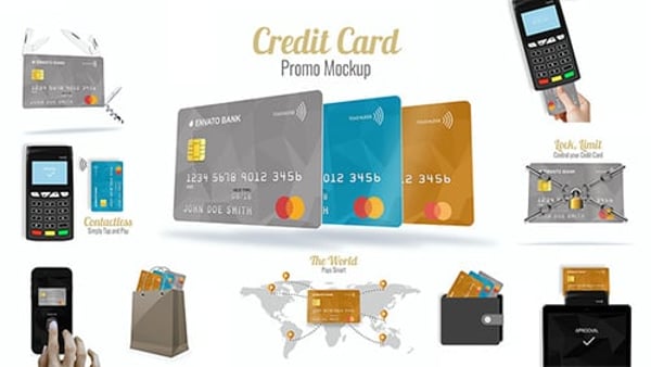 Credit Card Promo Mockup – 3 Card Setups, Smartphone & Tablet Versions