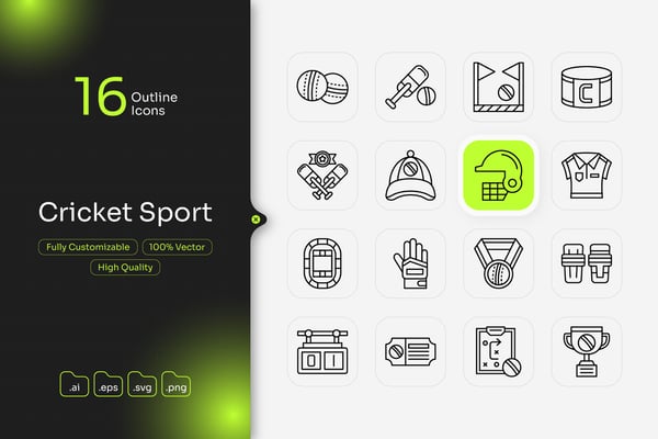 Cricket Sport Outline Icon Set