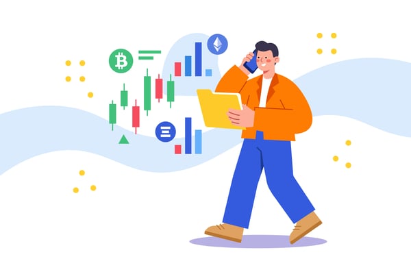 Cryptocurrency trends charts phone call illustration.