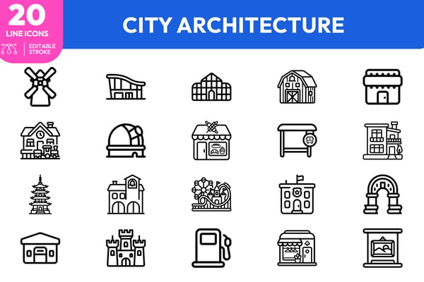 Urban Structures wmill, house, barn, shop, observatory, pagoda, castle, gas station, monument. Editable stroke. Vector illustration.