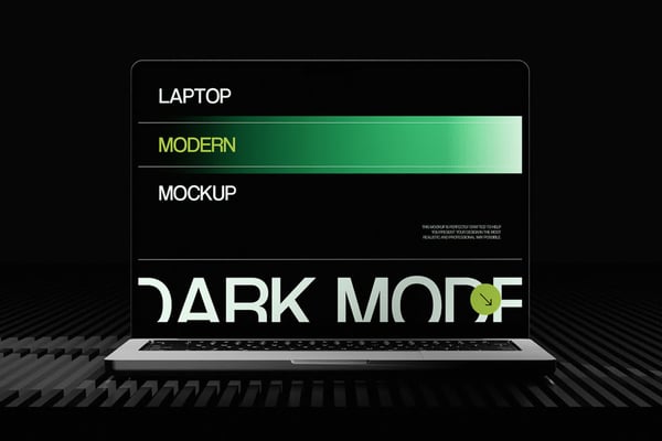 Dark Mode Laptop Mockup On A Ribbed Surface