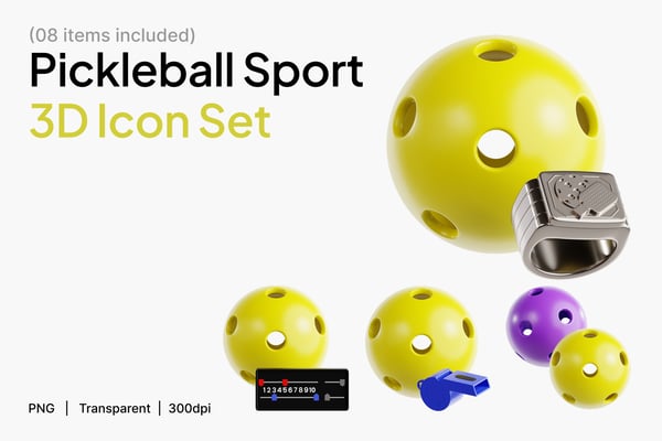 Pickleball Sport 3D Icon Set