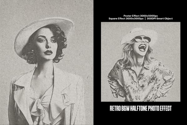 Retro B&W Halftone Square And Poster Photo Effect