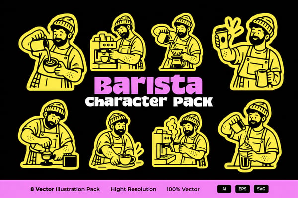 Barista Character Illustration Pack – 8 Coffee Shop Vector Characters