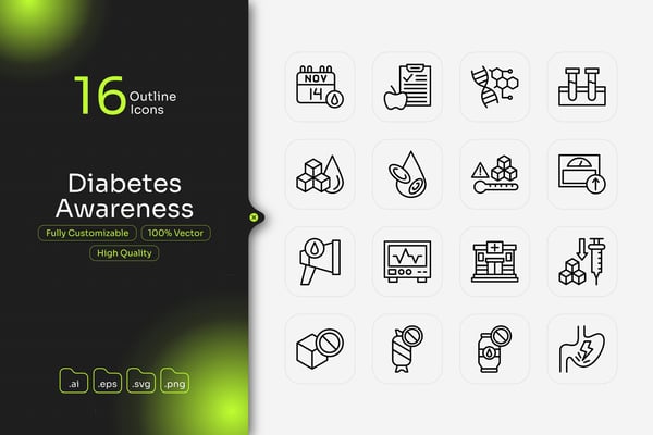 Diabetes Awareness Outline Icon Set