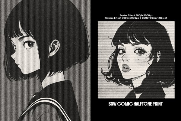 B&W Comic Halftone Print Square And Poster Photo Effect