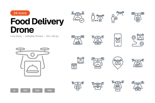 Food Delivery Drone Icon Set