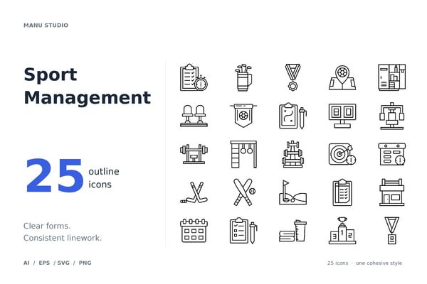 Sport Management Icon Set – 25 Sports & Fitness Line Icons