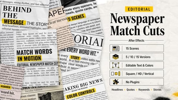 Editorial Newspaper Match Cut Titles for After Effects | 15 Headline Scenes