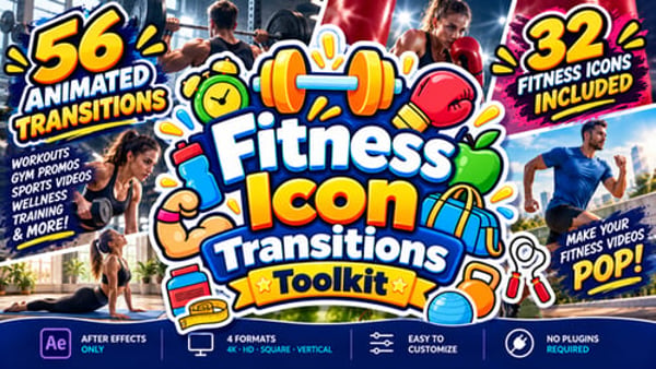 Fitness Icon Transitions Toolkit for After Effects – 56 Animated Workout & Gym Transitions