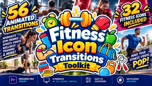 Fitness Icon Transitions Toolkit for Premiere Pro – 56 Animated MOGRT Transitions
