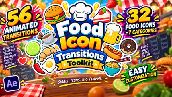 Food Icon Transitions Toolkit for After Effects – 56 Animated Food Transitions