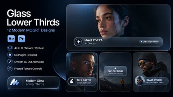 Glassmorphism Lower Thirds for After Effects and Premiere Pro – 12 MOGRT Designs