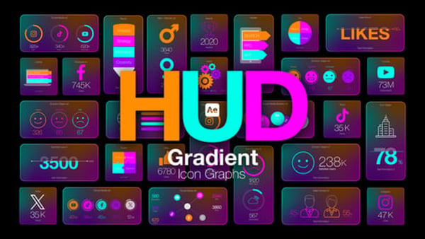 HUD Gradient Icon Graphs – Futuristic Interface Icon Charts with Gradient Data Animations