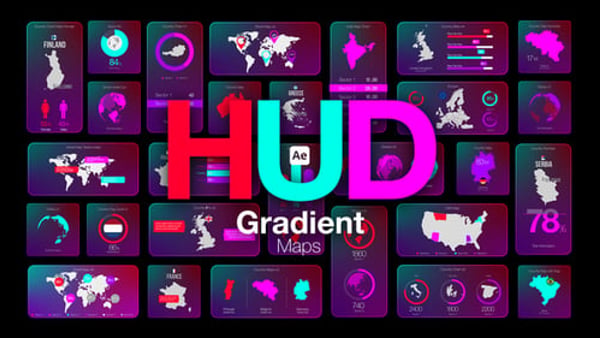 HUD Gradient Maps – Futuristic Interface Map Visualizations with Gradient Data Effects