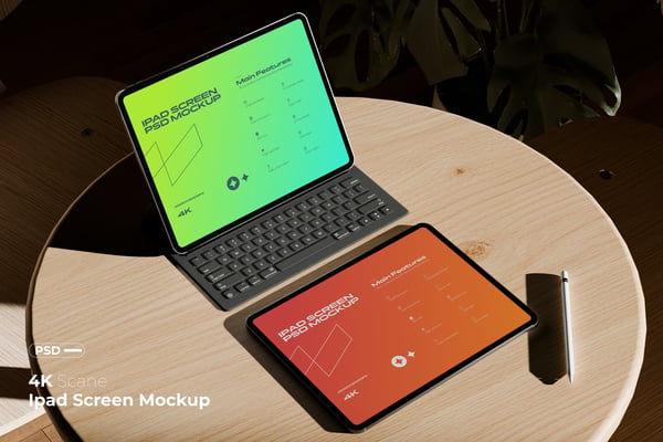 IPad Screen Mockup on Wooden Table
