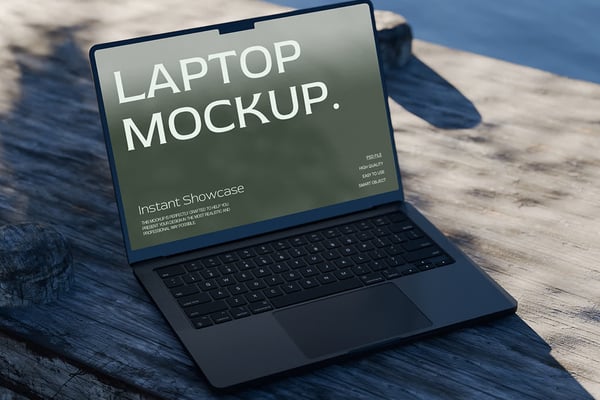 Laptop Mockup On A Sunlit Wooden Dock