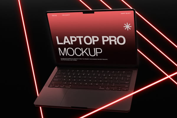 Laptop Mockup With Red Neon Lights