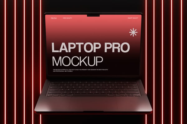 Laptop Mockup With Red Neon Lights