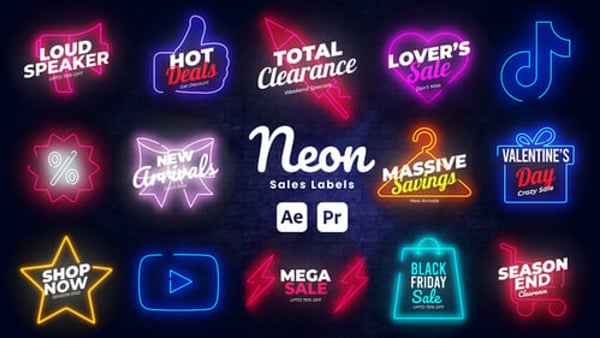 Neon Sale Labels for After Effects & Premiere Pro – Glowing Discount Signs