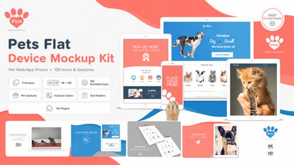 Pets Flat Device Mockup Kit – Pet Web/App Promo with 150 Icons & Gestures (4K/HD)