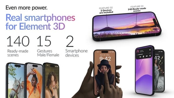 Photorealistic Smartphone Mockup Pack for After Effects | 140 Element 3D Scenes & 15 Gestures