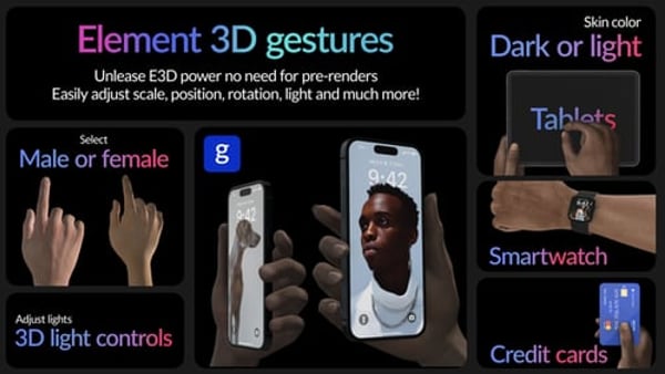 Real Hand Gesture Mockups for Element 3D | 15 Animated Device Gestures