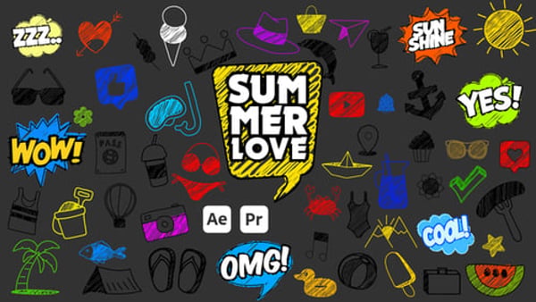 Summer Scribble Icons for Premiere Pro and After Effects – 60+ Animated Doodles