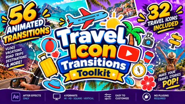 Travel Icon Transitions Toolkit for After Effects – 56 Animated Vacation & Vlog Transitions