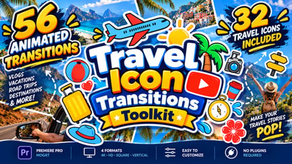 Travel Icon Transitions Toolkit for Premiere Pro – 56 Animated MOGRT Transitions