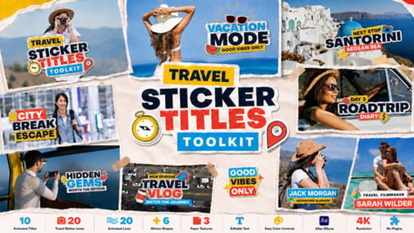 Travel Sticker Titles Toolkit for After Effects – Vacation Vlog Graphics