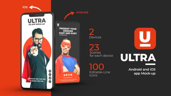 Ultra App Promo Mockup for After Effects – iOS & Android 3D Smartphone Scenes