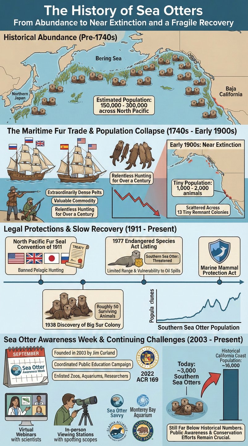 Infographic detailing the history of sea otters, showing their pre-1740s abundance of up to 300,000, the population collapse to 1,000 due to the maritime fur trade, legal protections like the 1911 Fur Seal Treaty, and the founding of Sea Otter Awareness Week in 2003.