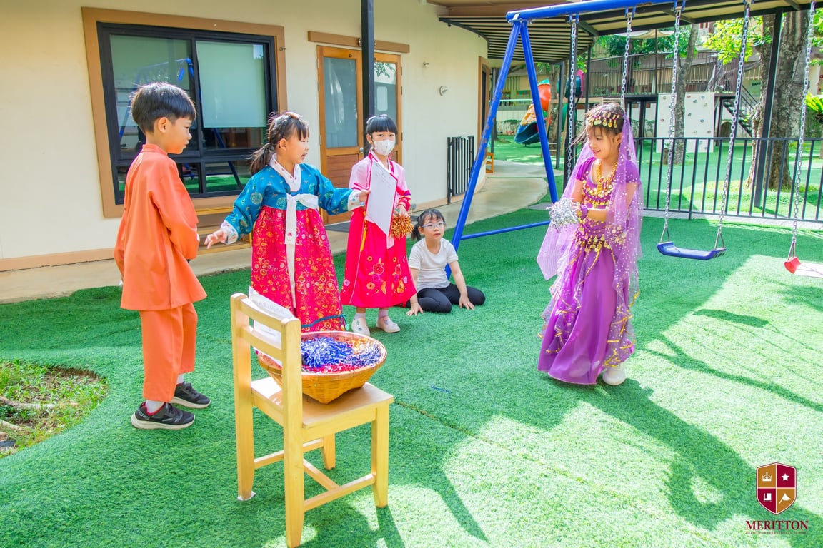 Students dressed in traditional costumes for International Week at Meritton.