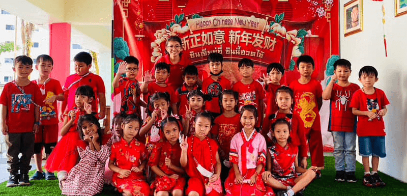 Class photo during Chinese New Year activities at school.