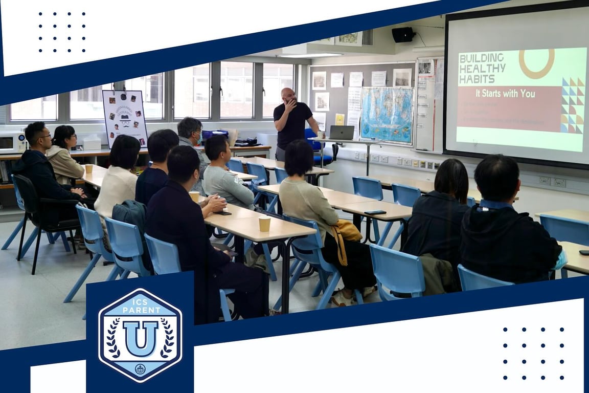 Parents attending a workshop on healthy habits at the ICS Parent U event.
