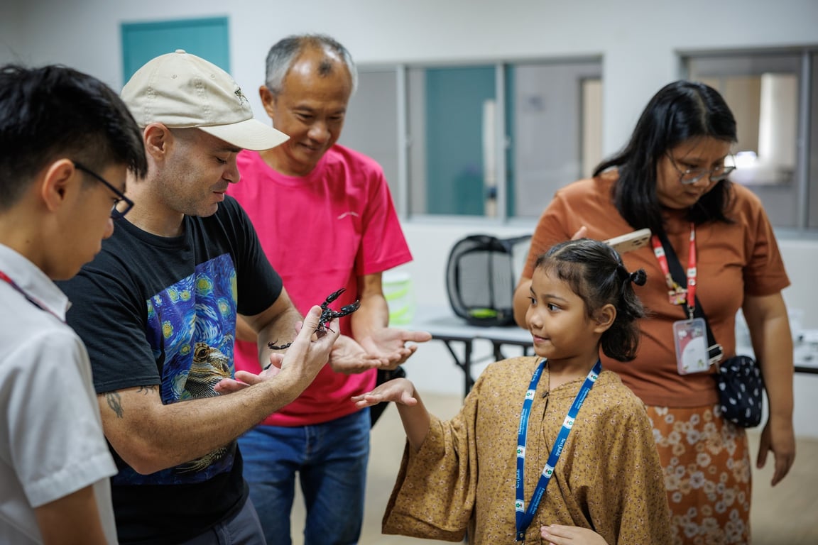 A snippet of a parent assisting a wildlife professional in showing off exotic insects at the creepy crawlies event.